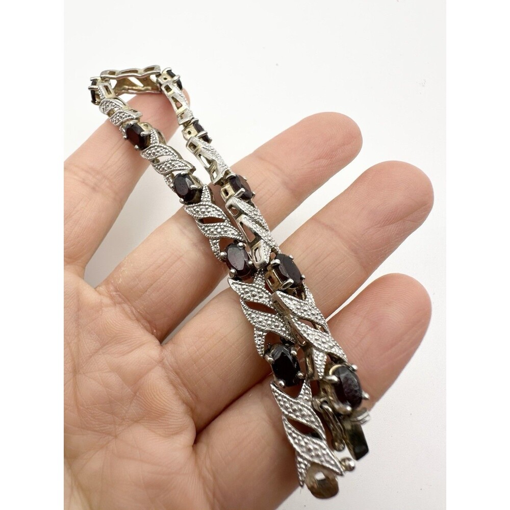 925 Sterling Silver Natural Garnet Diamond Tennis Bracelet 7.25”